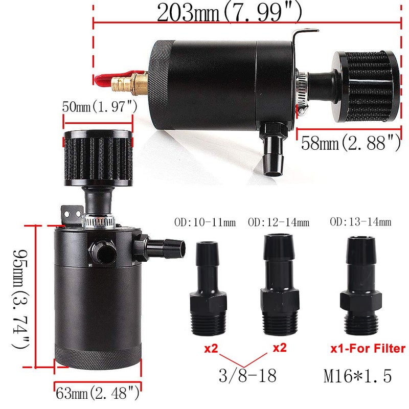 WENJTP Oil Catch Can Kit with 4 Adapters + Breather Filter Drain Valve Plug 2 Ports (1 oulet + 1 inlet) 150ml Universal Aluminum Baffled Oil Reservoir Tank Oil Separator - Image 4